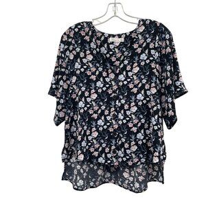 89th & Madison Floral Hi Low Button Up Top Short Sleeve Navy/Multi Size Small